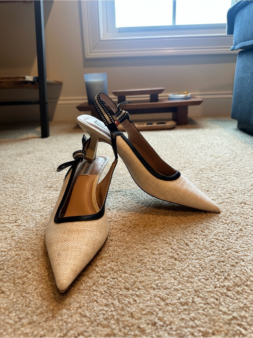 Steve Madden Natural Raffia Pointed Slingback Pumps with Black Trim